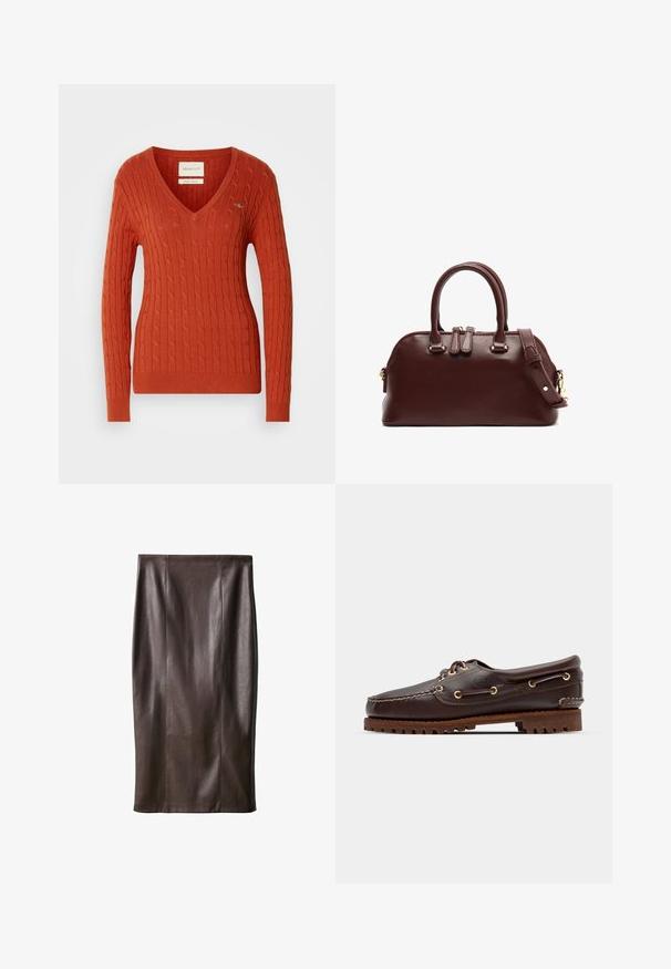 Czerwony sweter z dzianiny warkoczowej z dekoltem w kształcie V i długimi rękawami. Posiada ściągacze przy mankietach i u dołu oraz małe logo na lewej piersi.; Brąskowy skórzany ołówkowy spódniczka o gładkiej fakturze, sięgająca do kolan, z pionowymi szwami w celu podkreślenia designu. Brak dodatkowych elementów lub akcentów.; Brązowe skórzane buty w stylu boat shoe z złotymi oczkami, okrągłymi sznurowadłami oraz teksturowaną brązową gumową podeszwą. Zawierają przeszycia i wypukłe logo.; Burgundowa skórzana torebka z podwójnymi uchwytami, odpinanym paskiem na ramię, złotymi akcentami i zaokrąglonym kształtem. Zamek błyskawiczny.