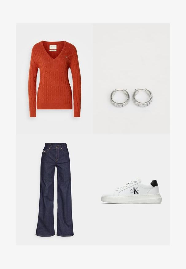 Maglione rosso a trecce con scollo a V e maniche lunghe. Presenta polsini e orlo a costine, e un piccolo logo sul lato sinistro del petto.; Jeans a gamba larga di denim blu scuro con vita alta, caratterizzati da cuciture arancioni, design a cinque tasche e chiusura con bottone.; Sneaker bassa bianca con tassello nero sul tallone, suola a piattaforma, lacci e logo "CK" di Calvin Klein sul lato.; Orecchini a cerchio in argento con un design testurizzato caratterizzato da scanalature verticali. Forma circolare con una chiusura a scatto sicura. Finitura liscia.