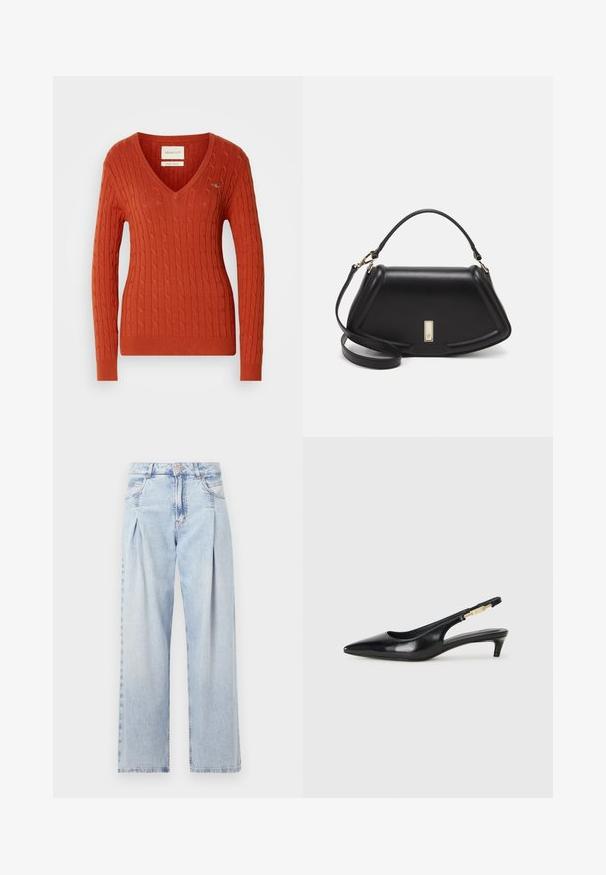 Piros kötött pulóver V-nyakkal és hosszú ujjakkal. Bordás mandzsettákkal és aljjal rendelkezik, bal oldalon pedig egy kis logó található.; Világoskék farmernadrág magas derekú, bő szabású, két oldalsó zsebbel és pliszírozott dizájnnal. Puha tapintású, elhalványított felület.; Fekete bőr slingback magassarkúk, hegyes orral, vékony sarkakkal és arany színű részlettel a állítható pánton. Simа felület.; Fekete bőr kézitáska, strukturált dizájnnal, rövidített formával, felső fogantyúval és arany színű kiegészítőkkel. Állítható vállpánt is tartozik hozzá.