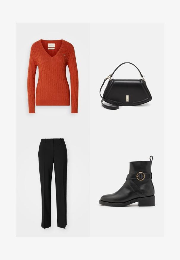 Red cable-knit sweater with a V-neck and long sleeves. Features ribbed cuffs and hem, and a small logo on the left chest.; Black tailored trousers with a straight-leg design, featuring a smooth texture and crisp creases along the front. No visible hardware.; BOSS IRYNA BOOTIE - Platform ankle boots - black; Black leather handbag with a structured design, featuring a cropped shape, top handle, and gold hardware accent. Adjustable shoulder strap included.