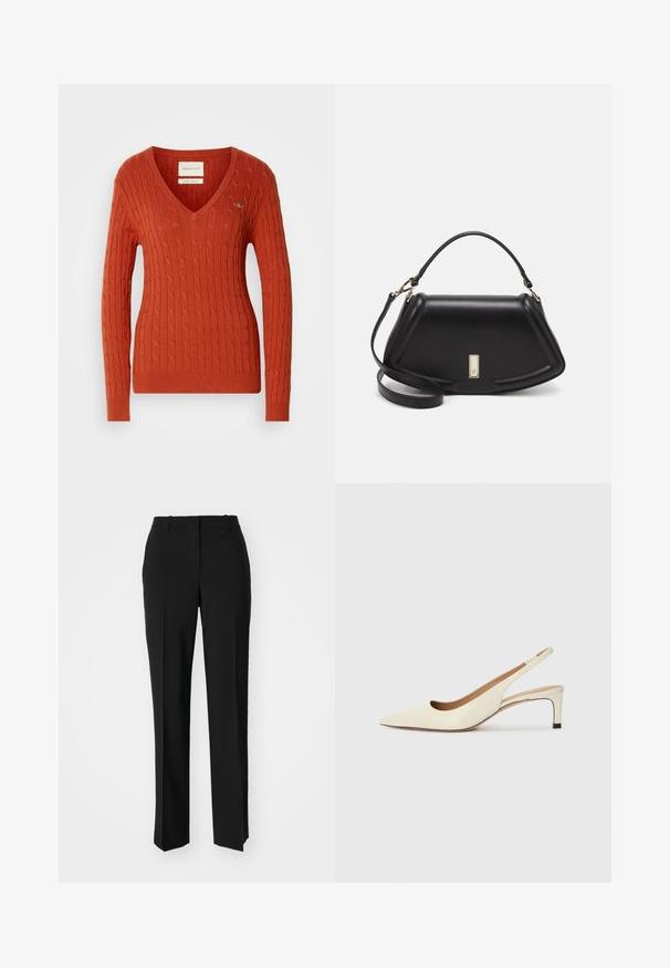 Roter Kabelstrickpullover mit V-Ausschnitt und langen Ärmeln. Verfügt über gerippte Bündchen und Saum sowie ein kleines Logo auf der linken Brust.; Schwarze, taillierte Hose mit geradem Bein, aus einem glatten Stoff und mit klaren Falten an der Vorderseite. Keine sichtbare Hardware.; Spitz zulaufender Slingback-Schuh aus cremefarbenem Leder, ausgestattet mit einem niedrigen Absatz und einem ausgeschnittenen Design mit glatter Textur und minimalen Akzenten.; Schwarze Lederhandtasche mit einem strukturierten Design, das eine verkürzte Form, einen oberen Griff und goldfarbene Hardware-Details aufweist. Verstellbarer Schulterriemen ist enthalten.