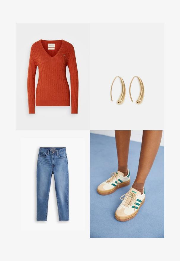 Piros kötött pulóver V-nyakkal és hosszú ujjakkal. Bordás mandzsettákkal és aljjal rendelkezik, bal oldalon pedig egy kis logó található.; Kék, magas derekú női farmernadrág elülső gombbal és cipzárral, övhurkokkal és öt zsebes kialakítással, fehér háttér előtt.; Beige sportcipő sötétzöld csíkkal, gumitalppal, bőrből és textilből készült felső résszel, semleges színű kiegészítőkkel, barna zoknival egy világoskék felületen.; Aranyszínű fémből készült karika fülbevalók ívelt, hosszúkás formával. Simaságával és fényes felületével, valamint lekerekített végével további részletekkel bővül.