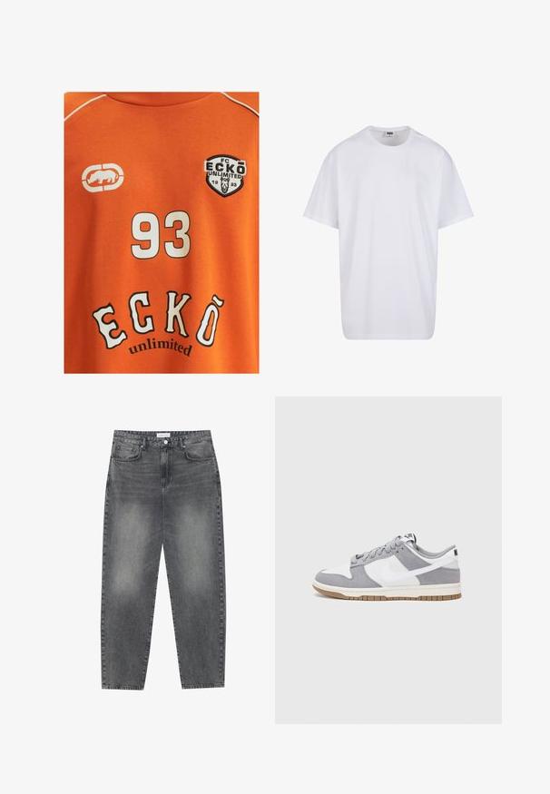 Oranges Baumwoll-T-Shirt mit einer weißen Nummer "93" und "ECKŌ unlimited" in schwarz-weißer Schrift. Enthält ein Logo mit einem Nashorn.; Weiße Baumwoll-T-Shirt mit kurzen Ärmeln, rundem Ausschnitt, lockerer Passform und ohne sichtbare Logos oder Muster. Glatte Textur und minimalistisches Design.; Hoch taillierte, locker sitzende Jeans aus verwaschenem schwarzem Denim. Verfügt über fünf Taschen, Gürtelschlaufen und ein sauberes, gerades Bein-Design.; Graue und weiße Sneaker mit einem Obermaterial aus Wildleder und Leder, abgerundeter Spitze, flachen Schnürsenkeln und einer Gummisohle mit einem Kautschukakzent.