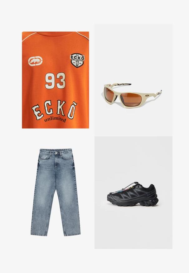 Camiseta de algodón naranja con el número blanco "93" y el lema "ECKŌ unlimited" en letras en blanco y negro. Incluye un logotipo con un rinoceronte.; Jeans de mezclilla azul claro con corte recto, costuras visibles, diseño de cinco bolsillos y cierre de botón en la cintura.; Zapatilla deportiva negra con un upper de malla texturizada, puntera reforzada y un sistema de cordones rápidos. Cuenta con una suela robusta y una leve elevación en el talón.; Gafas de sol deportivas beige con lentes marrones, un diseño aerodinámico, acentos negros texturizados en las patas y una forma angular.