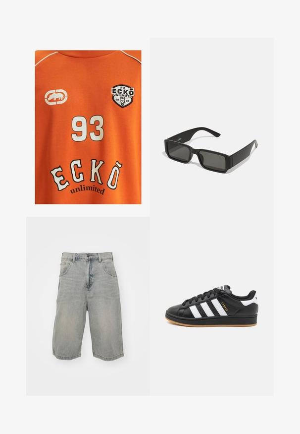 Oranje katoenen t-shirt met een witte nummer "93" en "ECKŌ unlimited" in zwart-witte letters. Inclusief een logo met een neushoorn.; Lichtblauwe denim shorts met een relaxte fit, voorzien van vijf zakken, riemlussen en een vervaagde textuur. De zoom is opgerold en gestikt.; Zwarte sneaker met witte strepen. Beschikt over een textuur leren bovenkant, vetersluiting en een gumrubberen buitenzool. "Campus" logo in goud.; Zwarte zonnebril met rechthoekige lenzen, matte plastic montuur en rechte randen. Bevat het merkteken op de binnenarm.
