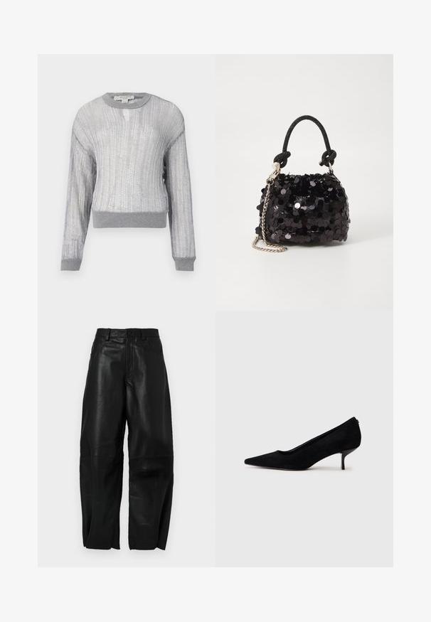 Sidabrinė metalinė megzta suknelė su ilgomis rankovėmis, apvaliu iškirpimu ir pilkais raukšlėtais rankogaliais. Pasižymi tekstūruota, atvira audimo struktūra.; Juodos odinės kelnės su laisvu siluetu, tiesios kojos dizainu, priekinėmis kišenėmis ir matomais siuvimo detalėmis.; Juodas zomšinis aukštakulnis batus su smailiu kojų pirštu ir plonu, žemu kulnu. Lygi tekstūra su elegantišku dizainu, be matomų metalinių detalių.; Juodas blizgučių mini rankinukas su mazguotu tekstūruotu dirželiu ir sidabro grandine. Suapvalinta forma su susiraukšlėtopu ir atspindinčiomis detalėmis.