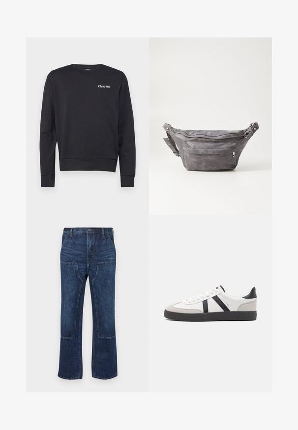 Felpa nera realizzata in morbido tessuto, con maniche lunghe, scollo rotondo e logo bianco "Club1990" sul petto. Design semplice.; Jeans in denim blu scuro con una vestibilità comoda, design a gamba larga e tasche applicate sul davanti. Texture liscia con dettagli di cucitura minimi.; Sneaker bianco con accenti neri e grigi, dotata di una punta grigia testurizzata, suola in gomma nera e lacci bianchi piatti. Design pulito, stile minimalista.; Fanny pack in suede grigio con forma arrotondata, due scomparti con cerniera e tracolla regolabile. Presenta dettagli in metallo.