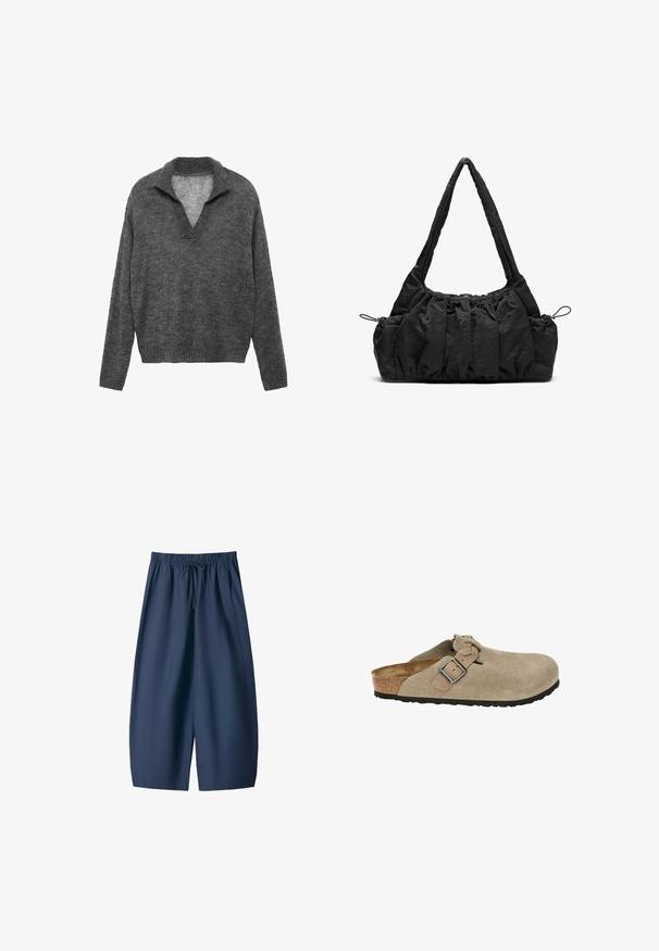 Szary sweter wełniany z dekoltem w serek i ściągaczem u dołu. Posiada luźny krój oraz długie rękawy, wykonany z miękkiego materiału o teksturowanej fakturze.; Granatowe szorty wykonane z gładkiego materiału, z elastyczną talią i sznurkiem do regulacji oraz dwiema bocznymi kieszeniami. Luźny krój, długość do kolan.; Beżowe zamszowe klapki z okrągłym noskiem, regulowanym paskiem i klamrą, korkową podeszwą środkową oraz teksturowaną czarną gumową podeszwą dla lepszej przyczepności.; Czarna torebka z tkaniny z marszczoną fakturą, z dwoma ramiączkami i sznurkiem do ściągania po bokach. Gładki, lekki materiał.