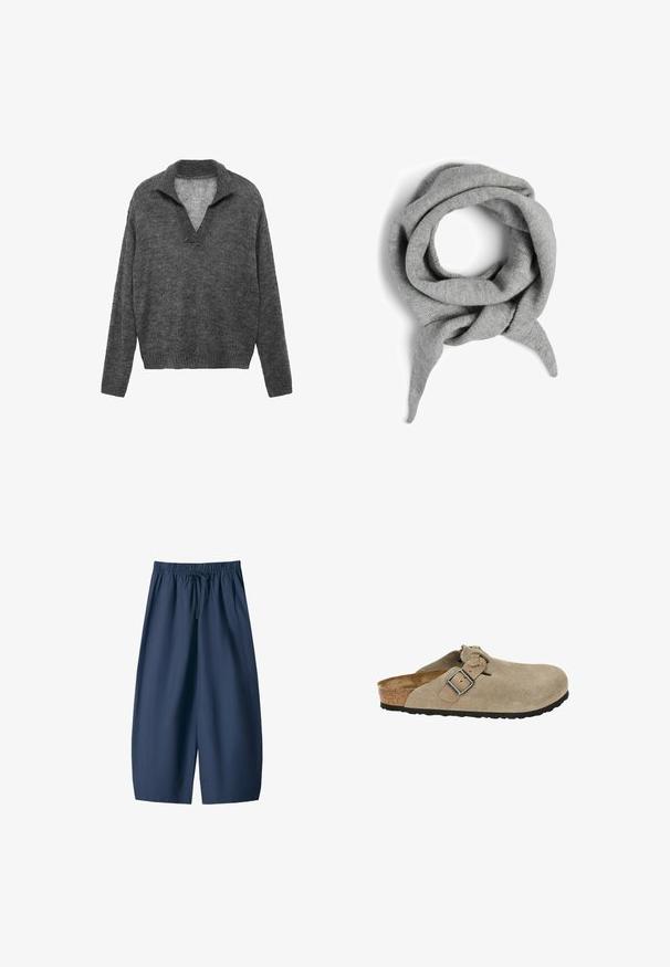 Grau gestrickter Pullover mit V-Ausschnitt und geripptem Saum. Besitzt eine lockere Passform und lange Ärmel, hergestellt aus weichem, strukturiertem Material.; Marineblaue Shorts aus glattem Stoff mit elastischem Bund und Kordelzug sowie zwei Seitentaschen. Lässige Passform, knielange Ausführung.; Beige Wildledersandalen mit abgerundeter Zehenpartie, verstellbarem Riemen und Schnalle, Korkzwischensole und strukturiertem schwarzen Gummisohle für besseren Halt.; Grau gestrickter Schal, zirkuläre Form mit lockeren Enden. Weiche Textur, einheitliche Farbe und keine sichtbaren Muster oder Hardwaredetails.; Schwarze Stoffhandtasche mit geraffter Textur, zwei Schulterträgern und Kordelzugverschluss an den Seiten. Glattes, leichtes Material.