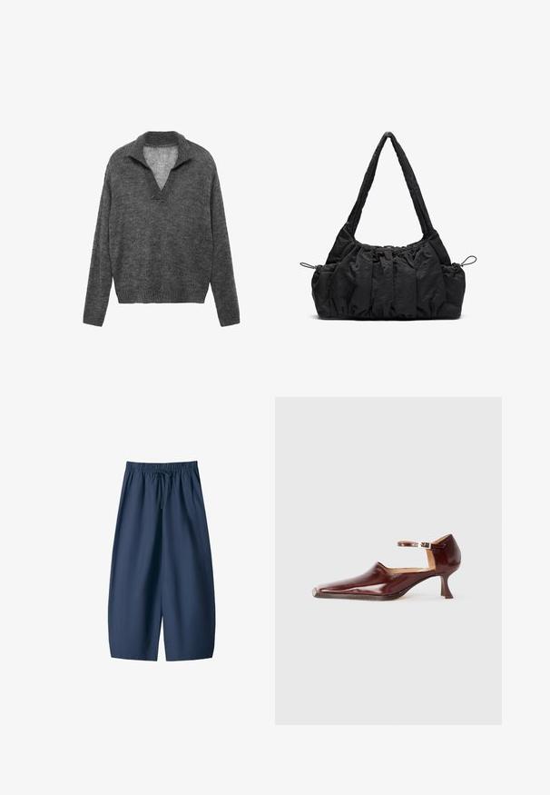 Gray knitted sweater with a V-neck and a ribbed hem. Features a relaxed fit and long sleeves, made from soft textured material.; Navy blue shorts made of smooth fabric, featuring an elastic waistband with a drawstring and two side pockets. Relaxed fit, knee-length design.; Burgundy patent leather shoe with a pointed toe, ankle strap, and a 5 cm tapered heel. Smooth texture and minimalistic design.; Black fabric handbag with gathered texture, two shoulder straps, and drawstring closure on sides. Smooth, lightweight material.