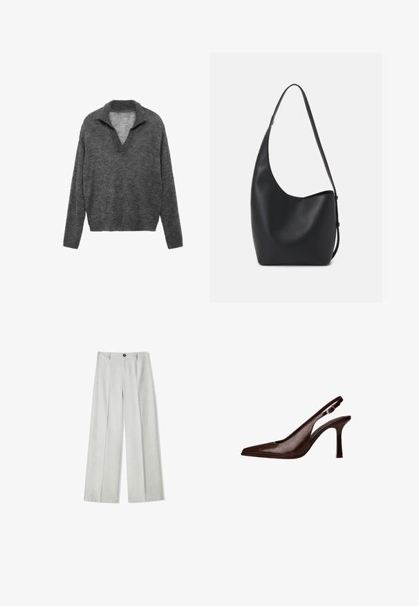 Grijze gebreide trui met een V-hals en een geribbelde zoom. Heeft een comfortabele pasvorm en lange mouwen, gemaakt van zacht textuurmateriaal.; Lichtgrijze wijde broek van een gestructureerde stof, met een knoopsluiting en twee plooien aan de voorkant voor extra detail.; Bruine lederen slingbackpomp met een spitse neus en een dunne hak. Voorzien van een kleine accentgesp op de band en een glossy afwerking.; Zwarte leren hobo tas met een gladde textuur, kromme vorm en een enkele verstelbare schouderband; heeft een brede opening aan de bovenkant.