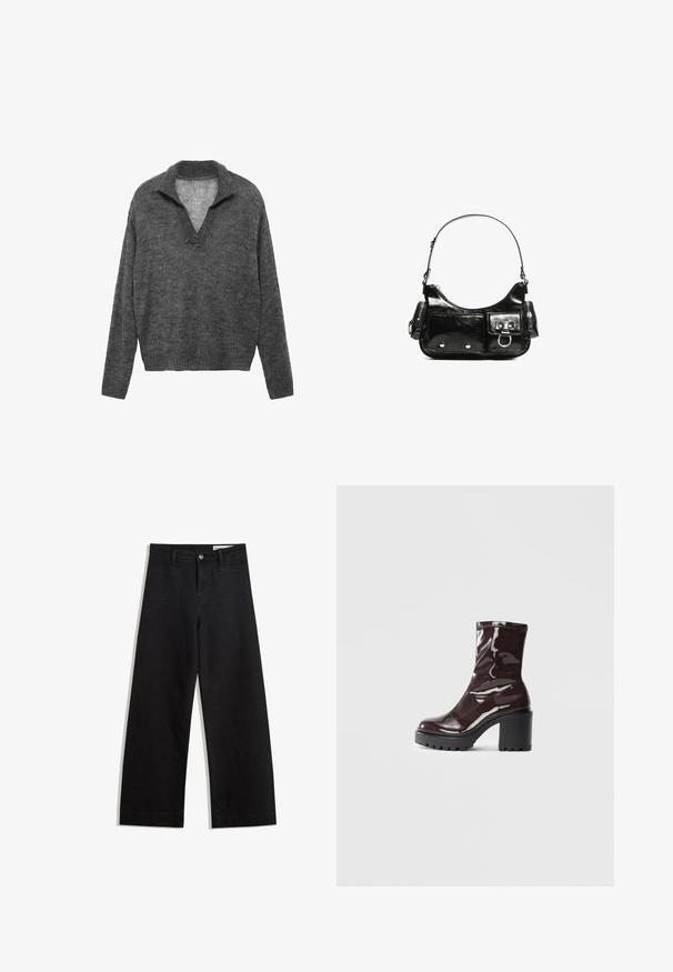 Sivý pletený sveter s výstrihom do V a rebrovaným lemom. Má voľný strih a dlhé rukávy, vyrobený z mäkkého texturovaného materiálu.; Čierne denimové nohavice s širokými nohavicami a vysokým pásom, so prednými a zadnými vreckami, šitými švami a zapínaním na gombík. Hladká textúra.; Lesklé burgundské kotníkové boty s robustním černým podpatkem, s hladkou strukturou a jednoduchým designem. Bez viditelných zapínání nebo vzorů.; Čierna laková kožená kabelka s ohnutým tvarom, jedným ramenným popruhom, prednými vreckami a striebornými kovovými doplnkami.