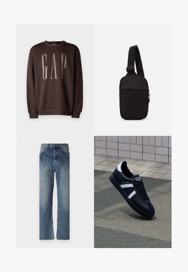 GAP Sweatshirt - terra brown; Blå denimjeans med rakt ben, med en blekt tvätt, bälteshällor, framfickor och en enda bakficka.; Svart lädersneaker med vita ränder, texturerad gummisul, och snörning fram. Har en märkesskylt på tungan.; Svart axelväska gjord av slitstarkt tyg, med en justerbar rem, ett zip-försett huvudfack och en framficka.