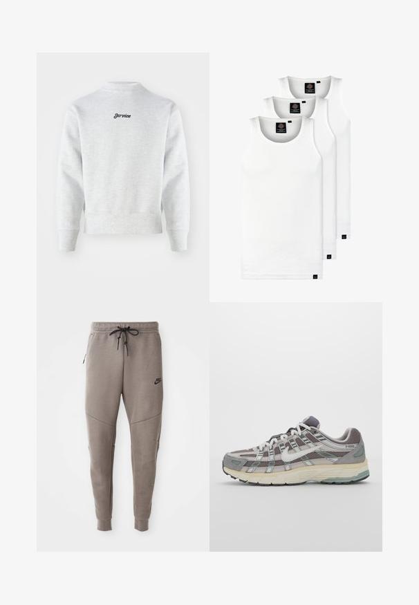 Sudadera de felpa gris con un cuello alto, puños y dobladillo acanalados. La palabra "Service" está bordada en negro en la parte superior de la espalda. Textura lisa.; Tres camisetas sin mangas de algodón de color blanco con canalé. Cuentan con cuello redondo y pequeñas etiquetas negras cerca del dobladillo. Disponibles en múltiples tamaños.; Pantalones de chándal grises de Nike con cintura ajustable, piernas ajustadas, bolsillos laterales y costuras distintivas. Tejido suave y texturizado.; Zapatilla deportiva gris con parte superior de malla y ante, acentos blancos, suela acolchada y un diseño distintivo con elementos reflectantes.