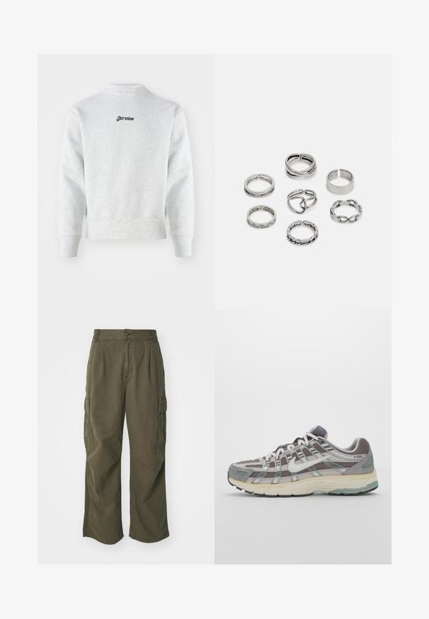 Hallikas fliissipusa kõrge kaelusega, ribidega varrukates ja allääres. "Teenindus" on musta värviga tikitud ülaseljale. Ühtlane tekstuur.; Olivi rohelised cargo püksid, valmistatud puuvillast, laia jala disainiga, voldikute ja küljetaskutega praktilisuse huvides.; Hallus hallitus jalanõud, millel on võrgust ja sametist ülemine osa, valged rõhutused, pehme tald ning eristuv disain peegelduvate elementidega.; Seitsme hõbesõrmuse komplekt, millel on erinevad kujundid, sealhulgas keerdunud, seotud ja graveeritud mustrid. Erinevad kujundid ja laius.