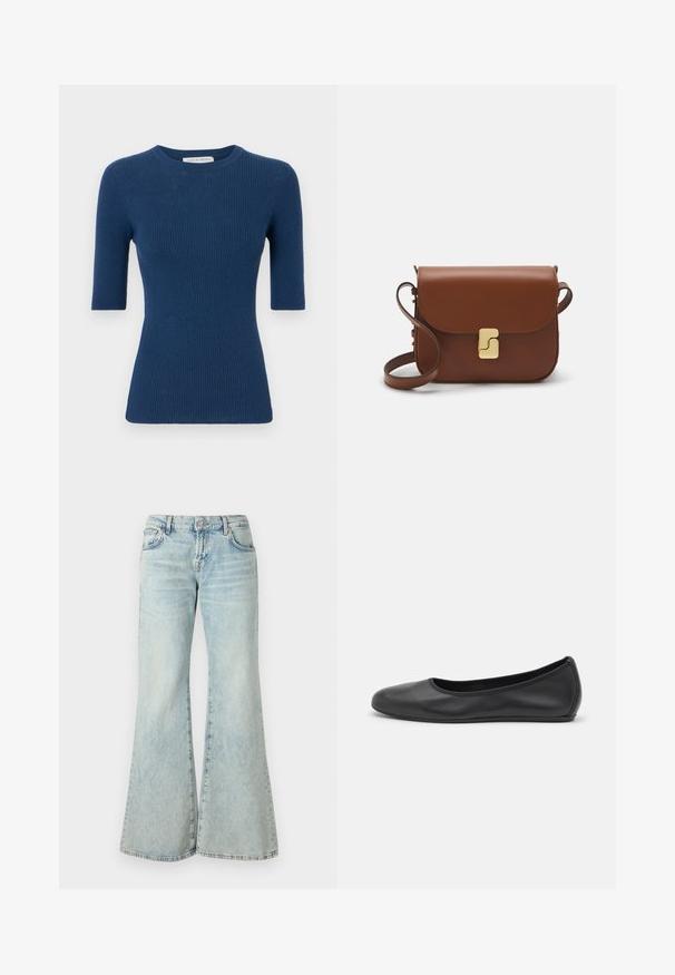 Tiger of Sweden ORVI - Trui - deep blue; Lichtblauwe flared jeans van denim, met een hoge taille, zakken en rafelige zomen. De stof heeft een vervaagde wassing en een subtiele textuur.; Zwarte leren ballerina met een ronde neus, gladde textuur, minimale stikdetails en een flexibele zoolontwerp.; Bruine leren handtas met een klep sluiting, gouden hardware, een schouderband en een gladde textuur. Compact rechthoekige vorm.