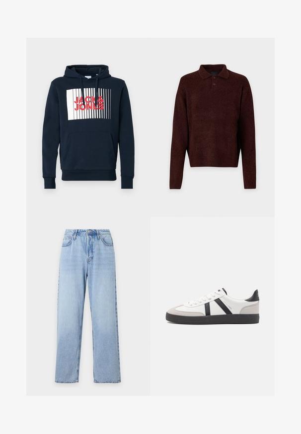Sudadera de algodón azul marino con un bolsillo canguro en la parte frontal, capucha con cordón y un gráfico rectangular blanco que presenta en negrita el texto rojo "JACK & JONES".; Pulóver marrón de punto con cuello polo, tres botones en el cuello y mangas largas. Textura suave, puños y dobladillo acanalados.; Vaqueros de denim azul claro con un corte recto, cintura alta, cinco bolsillos y cierre con botón superior. Presenta un lavado desvanecido y costuras en contraste.; Zapatilla blanca con acentos en negro y gris, que presenta una puntera texturizada en gris, suela de goma negra y cordones planos blancos. Diseño limpio, estilo minimalista.