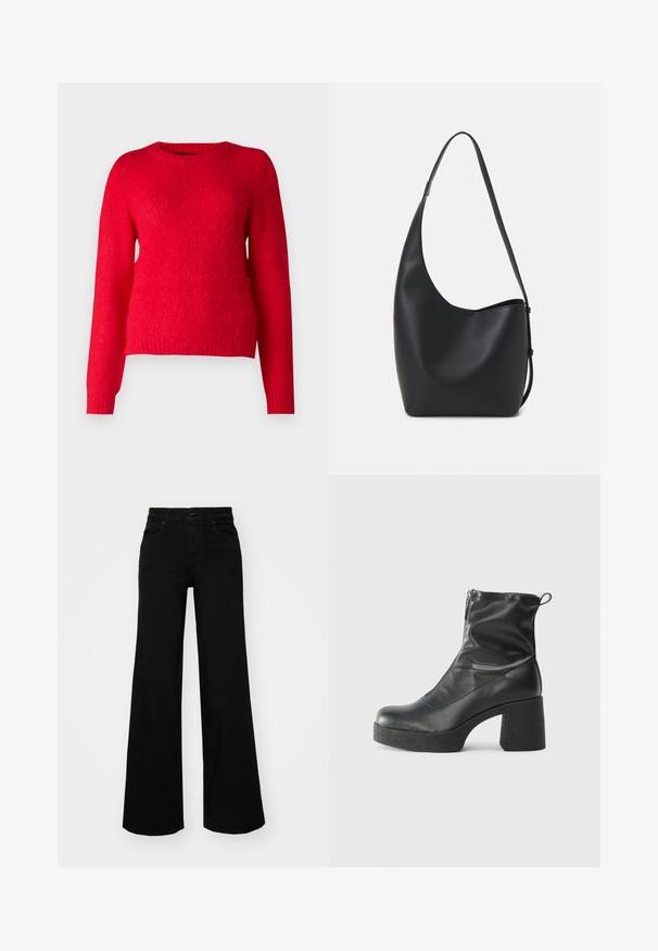 Vero Moda VMNOVAH O NECK - Vesta - salsa; Crne široke traperice s čvrstim pojasom, petljama za remen i prednjim džepovima. Gladak teksturirani materijal s klasičnim dizajnom.; Crne gležnjače od glatke kože, s bočnim zatvaračem, debelim teksturiranim potplatom i dizajnom s zaobljenim prstima.; Crna kožna hobo torba s glatkom teksturom, zakrivljenim oblikom i jednom podesivom trakicom; ima širok otvor na vrhu.