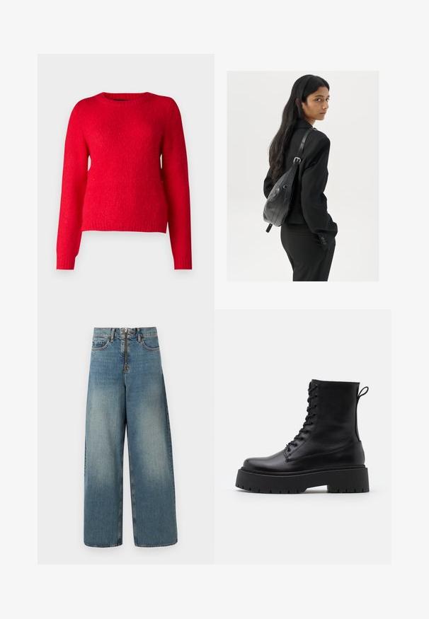 Vero Moda VMNOVAH O NECK - Stickad tröja - salsa; Vide denimjeans i en ljusblå tvätt. Har en dragkedja med knappstängning och subtilt blekning för en använd look.; Svarta läderankelboots med rund tå, snörning framtill och en tjock gummisula med strukturerat mönster. Dragflik bak.; Kvinna med långt mörkt hår, klädd i en svart dräkt, bärandes en svart läderaxelväska, tittar över axeln mot en vit bakgrund.