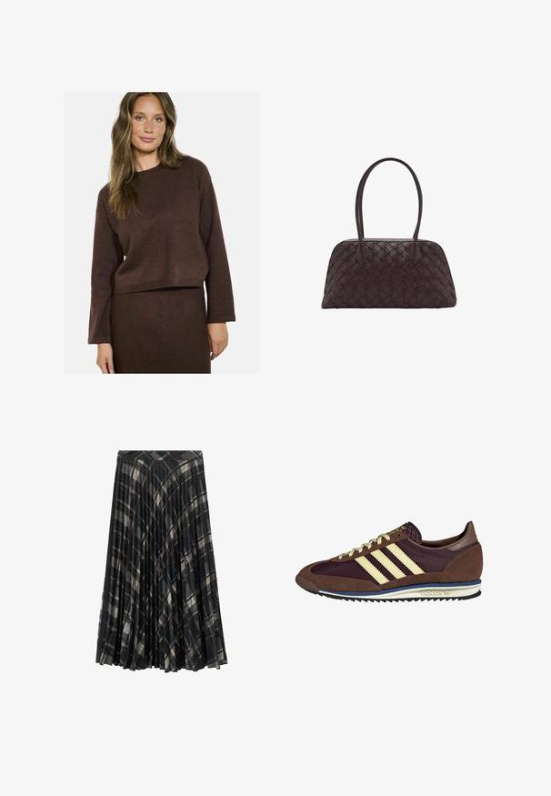 Hnědý pletený svetr s dlouhými rukávy a kulatým výstřihem, s cropped designem a jemnými texturovými detaily po celém povrchu.; Dlouhý rukáv, přiléhavý top vyrobený z tmavě hnědé látky. Kulatý výstřih, hladká textura a mírně prodloužené rukávy bez manžet.; Černá plisovaná midi sukně s károvaným vzorem v šedých a béžových tónech, se střihovým pasem a jemnou texturou.; Hnědé a burgundské tenisky z semiše a síťoviny, s třemi krémovými pruhy, texturovaným materiálem na jazyku a gumovou podrážkou.; Tkaná hnědá kožená kabelka zaobleného tvaru, s dvojitými horními uchy a hladkým povrchem; obsahuje jemné prošívání jako designový detail.