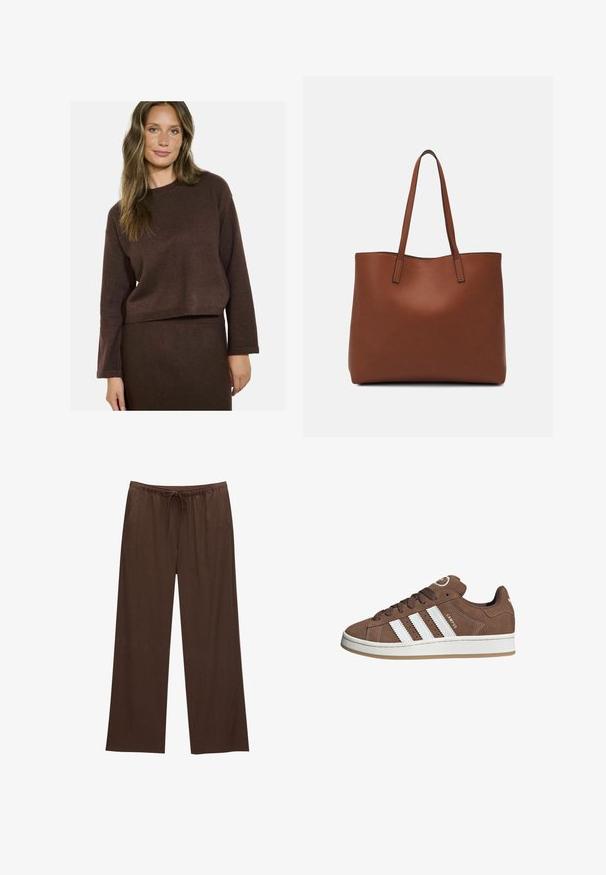 Hnědý pletený svetr s dlouhými rukávy a kulatým výstřihem, s cropped designem a jemnými texturovými detaily po celém povrchu.; Hnědé široké kalhoty vyrobené z měkkého materiálu, s elastickým pasem na šňůrku a dvěma bočními kapsami.; Hnědé semišové tenisky s bílými koženými pruhy, gumovou podrážkou, kulatou špičkou a šněrováním vpředu. Mají logo na jazyku a perforované detaily.; Hnědá kožená taška přes rameno s hladkou texturou, otevřeným designem a dvěma ramenními popruhy. Obsahuje minimální švy a žádné viditelné kovové prvky.
