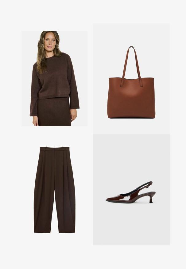 Brown knitted sweater with long sleeves and a round neckline, featuring a cropped design and subtle textured accents throughout.; Brown high-waisted trousers with pleats, made of smooth fabric. Loose fit, straight leg design, featuring belt loops and a zip fly.; Brown patent leather slingback shoe with a pointed toe and a moderate heel. Features a buckle strap for secure fit. Smooth texture.; Brown leather tote bag with a smooth texture, open top design, and two shoulder straps. Features minimal stitching and no visible hardware.