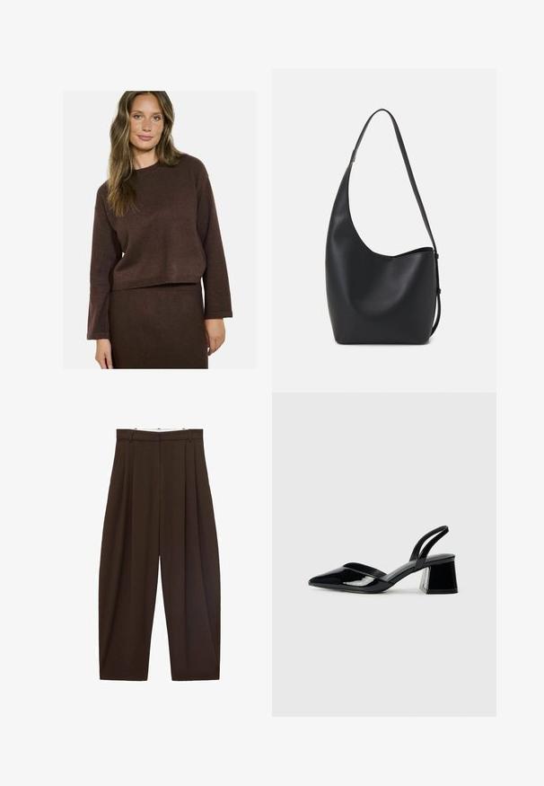Brown knitted sweater with long sleeves and a round neckline, featuring a cropped design and subtle textured accents throughout.; Brown high-waisted trousers with pleats, made of smooth fabric. Loose fit, straight leg design, featuring belt loops and a zip fly.; Black patent leather slingback heels with a pointed toe and a geometric block heel. Features a sleek, minimal design and smooth texture.; Black leather hobo bag with a smooth texture, curved shape, and single adjustable strap; features a wide opening at the top.