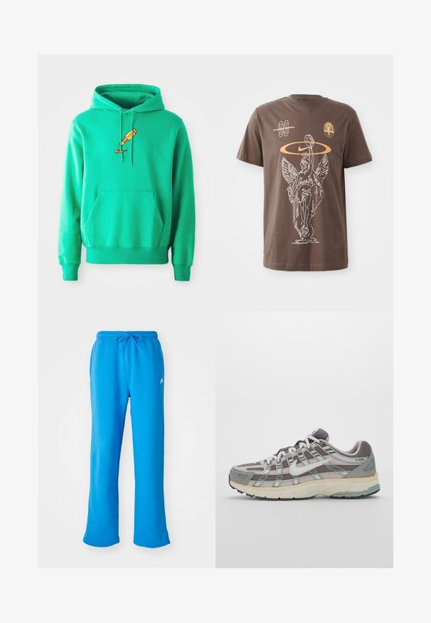 Hoodie verde feito de tecido suave, apresentando um bolso canguru frontal e um logótipo de um tubo de tinta a escorrer no peito.; T-shirt de algodão castanho com um gráfico em contorno branco de uma estátua alada, logótipo da Nike e formas abstratas em laranja, com mangas curtas e decote redondo.; Calças de fato azuis feitas de um tecido macio, apresentando um corte relaxado, um cós elástico com cordão e um pequeno logo branco no lado esquerdo.; Sapatilha atlética cinza com parte superior em malha e camurça, detalhes brancos, sola acolchoada e um design distinto com elementos refletivos.