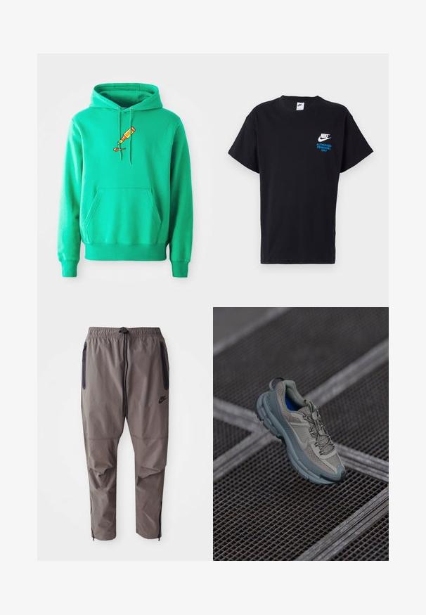 Green hoodie made of soft fabric, featuring a front kangaroo pocket and a logo of a paint tube dripping on the chest.; Black cotton t-shirt with short sleeves, featuring white Nike logo and blue "AUTHORIZED PERSONNEL ONLY" text on the front.; Gray Nike pants with an elastic waistband, drawstring, side zippered pockets, and zippers at the ankles for adjustable fit.; Beige and gray athletic shoe with textured mesh upper, rounded toe, and rubber sole, featuring laces and a padded collar.