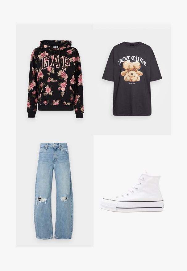 Musta huppari, jossa on vaaleanpunainen ja beige kukkakuvio, suuret vaaleanpunaiset "GAP"-kirjaimet etupuolella, kengurulokero ja kiristysnauhallinen huppu.; Mustat ylisuurent-paidat, joissa on karhun grafiikka ja teksti "EI SULOINEN VAAN VILLI" rohkealla valkoisella fontilla. Puuvillamateriaali.; Vaaleansiniset, korkeavyötäröiset farkut, jotka on valmistettu denimmateriaalista. Ominaisuuksiin kuuluvat leveät lahkeet, kaksi revittyä polvialuetta ja klassinen viiden taskun tyyli.; Valkoiset korkeavartiset kangaskengät mustalla kumipohjalla, edessä kuminen varvasosa ja kuusi nauha-aukkoa, puhtaan minimalistisella muotoilulla.