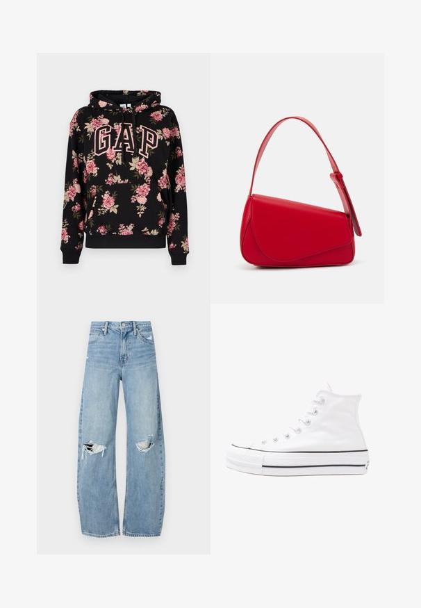 Black hoodie with pink and beige floral pattern, large pink outlined "GAP" letters on front, kangaroo pocket, and drawstring hood.; Light blue, high-waisted jeans made of denim. Feature wide legs, two torn knee areas, and classic five-pocket styling.; White high-top canvas sneaker with black rubber sole, front rubber toe cap, and six eyelets for laces, featuring a clean, minimalist design.; Red leather handbag with an angular, geometric design. Features a single adjustable strap and a flap closure with stitched detailing.