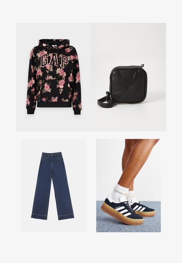 Zwarte hoodie met roze en beige bloemenpatroon, grote "GAP" letters met roze contour op de voorkant, kangoeroezak en capuchon met trekkoord.; Wide-leg jeans in donkerblauwe denim. Voorzien van vijf zakken, riemlussen en een rauwe zoom onderaan met zichtbare stikseldetails.; Zwarte suède sneakers met witte strepen en accenten, ronde neus, gum rubberen buitenzool, gecombineerd met witte geribbelde crewkousen.; Zwarte vierkante crossbody tas van gestructureerd synthetisch materiaal. Met een reliëflogo ontwerp en een verstelbare schouderband. Ritssluiting.