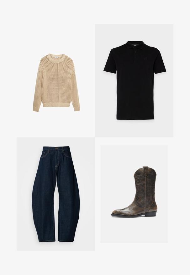 Beżowy sweter z dzianiny o luźnym splocie, okrągłym dekolcie, długich rękawach oraz ściągaczach na mankietach i dole. Teksturowany wzór w całej powierzchni.; Czarny polo z krótkimi rękawami, wykonany z gładkiego materiału. Posiada klasyczny kołnierzyk i trzy guziki, a na piersi umieszczono subtelne logo.; Ciemnoniebieskie dżinsy o szerokim kroju, z wyraźnymi szwami, pięcioma kieszeniami i mosiężnym zapięciem na guzik w pasie.; Brązowy skórzany kowbojski but z wysoką cholewką, spiczastym noskiem, skomplikowanymi wzorami haftu i małym obcasem. Teksturalne wykończenie na całej powierzchni.