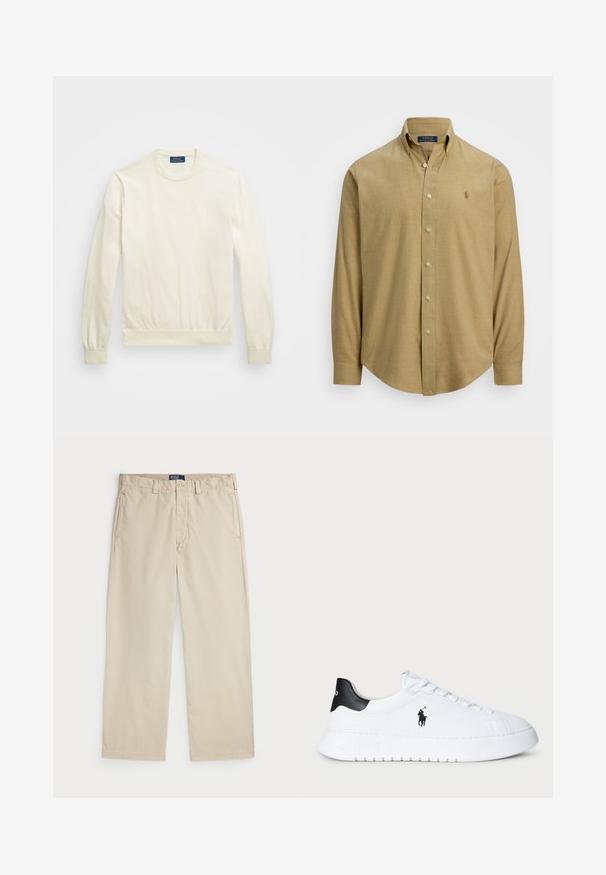 Kremfarget crewneck sweatshirt laget av mykt stoff, med lange ermer, ribbede mansjetter og en tettsittende midjebånd. Lite logo på forsiden.; Lys brun, langermet skjorte med knapper og kragenakke, laget av et teksturert stoff. Har en liten logo på brystet.; Beige bomullschinos med rett ben-design, med knappelukking og to frontlommer. Glatt tekstur og ensfarget.; Hvit lavt beskåret sneaker med svart hælflik og svart Polo Ralph Lauren-logo på siden, med hvite lisser og tykk gummisåle.