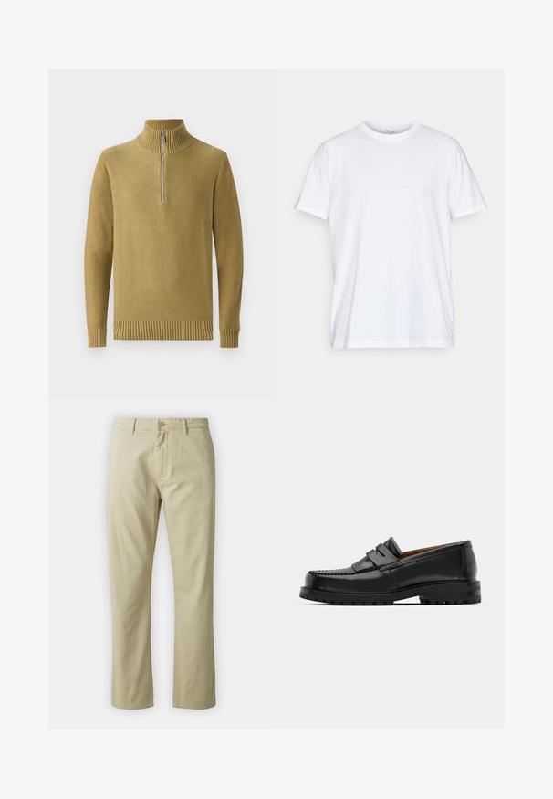 Olivgrön stickad tröja med hög ribbad krage, halvdragkedja fram och ribbade manschetter och nederkant. Slät textur, avslappnad design.; Vit bomullströja med korta ärmar, rund krage och en avslappnad passform. Har en minimalistisk design, utan mönster eller accenter.; Beiga bomullsbyxor med rak benform, framknäppning och bälteshällor. Slät textur, inga synliga mönster eller detaljer.; Svarta läderloafers har en upphöjd söm, två dekorativa remmar på ovansidan och en tjock texturerad sula för ökat grepp.