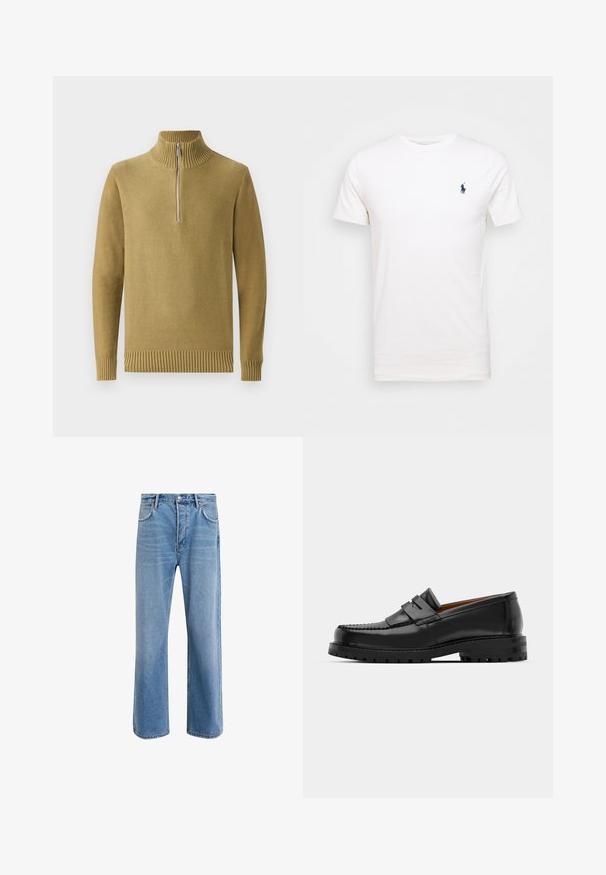 Alyvuogių žalia mezgininė palaidinė su aukštu raštuotu apykakle, pusiau užtrauktuku priekyje ir raštuotais rankogaliais bei apatine dalimi. Lygi tekstūra, kasdieniškas dizainas.; Balta medvilnė marškinėliai su apvaliu kaklu. Yra mažas tamsiai mėlynas logotipas kairėje krūtinės pusėje. Trumpomis rankovėmis, lygi tekstūra.; Šviesiai mėlyni džinsai su tiesiu kirpimu, penkios kišenės, mygtuko užsegimas, minimalus blukimas ir kontrastingi siuvimo detalės.; Juodi odiniai loafersai pasižymi pakelta siūle, dviem dekoratyviais dirželiais ant viršaus ir storu tekstūruotu padu, kad būtų užtikrintas didesnis sukibimas.
