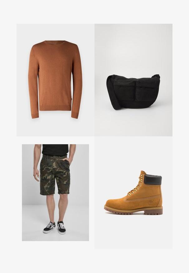 Brauner Strickpullover mit Rundhalsausschnitt, langen Ärmeln, gerippten Bündchen und Saum, der eine glatte Textur und ein einfaches Design aufweist.; Camo Cargo-Shorts mit Cargo-Taschen, aus gewebtem Stoff in Grüntönen und Brauntönen. Kombiniert mit schwarzen Sneakern mit weißen Schnürsenkeln.; Beige Wildleder-Ankle-Boot mit schwarzem gepolstertem Kragen, goldenen Metallösen, weißen Nähdetalben und einer robusten Gummisohle mit ausgeprägtem Profil.; Schwarze Cordtasche mit verstellbarem Schultergurt, ausgestattet mit Vordertaschen und einer weichen Textur. Kompaktes Design mit minimaler Gestaltung.