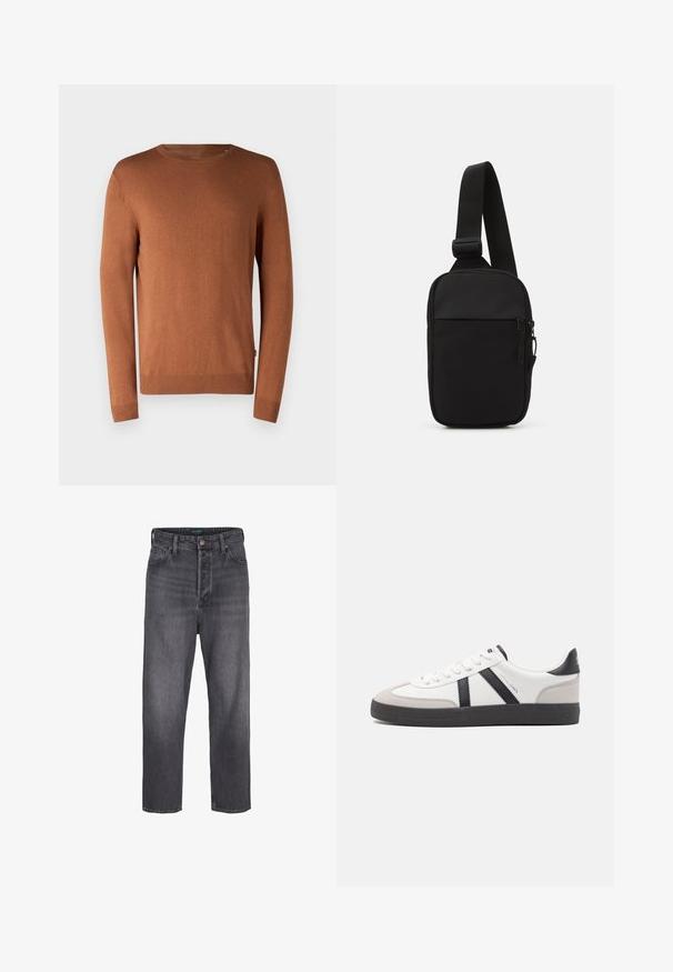 Brown knit sweater with a round neck, long sleeves, ribbed cuffs and hem, featuring a smooth texture and a simple design.; Dark gray denim jeans with a straight leg design, high waist, five-pocket styling, and light fading. Metal button and zip fly closure.; White sneaker with black and gray accents, featuring a textured gray toe cap, black rubber sole, and flat white laces. Clean design, minimalist style.; Black crossbody bag made of durable fabric, featuring a single adjustable strap, a zippered main compartment, and a front pocket.