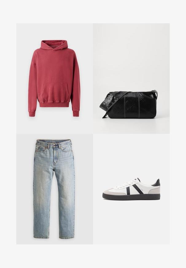 Sarkans kapucis džemperis ar priekšējo kabatu, izgatavots no mīkstas auduma. Tam ir ribotas piedurknes un jostasvieta, relaksēta piegriezuma un minimāla detaļu klātbūtne.; Gai zila denima bikses ar augstu jostasvietu, priekšējo pogu, rāvējslēdzēju un piecu kabatu dizainu, izlīdzinātas uz neitrāla fona.; Baltas sneakeris ar melniem un pelēkiem akcentiem, kuram ir teksturēts pelēks purngals, melna gumijas zole un plakanas baltas šņores. Tīrs dizains, minimālisma stils.; Melnas ādas plecu soma ar rāvējslēdzēja aizdari, ar teksturētu virsmu, baltu dūrienu un siksnu ar sudraba iekavām.