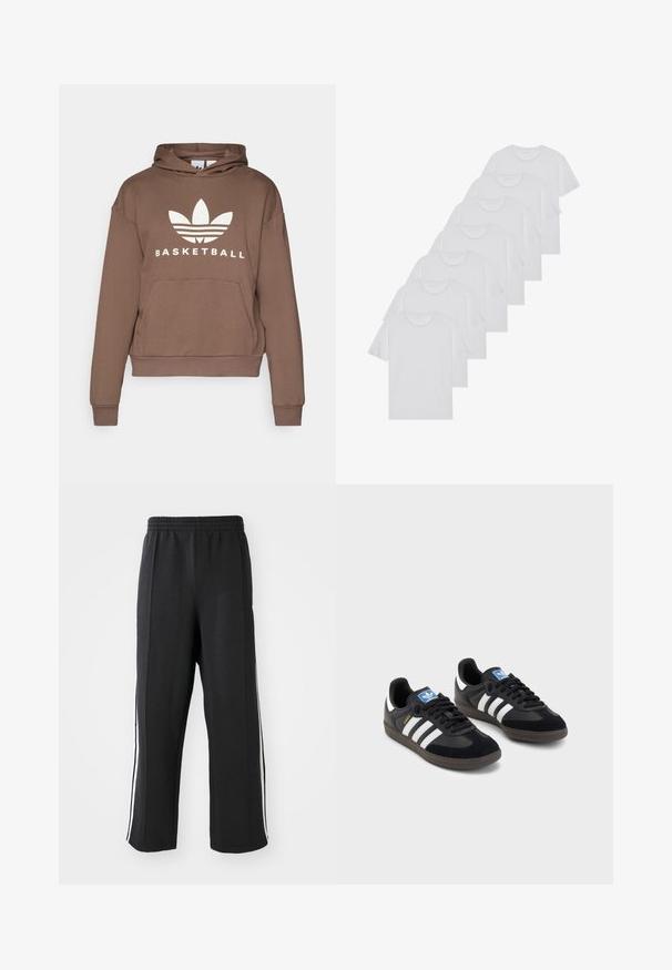 Brown hoodie with a front kangaroo pocket, featuring a white basketball design and logo. Long sleeves with ribbed cuffs, casual fit.; White cotton T-shirts, short sleeves, crew neck design, plain texture, stacked in a row, with subtle branding at the neckline.; Black sweatpants with an elastic waistband, featuring white side stripes and a relaxed fit. Made from soft, stretchy fabric.; Black sneakers with a suede and synthetic upper, featuring three white stripes, textured rubber sole, and blue logo tag on the tongue.