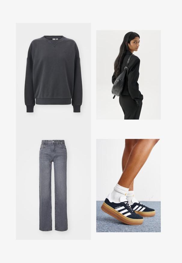 Dark grey sweatshirt, cotton material, crew neck, ribbed cuffs and hem, wide sleeves, small logo above the left chest area.; Grey wide-leg jeans made from denim with a smooth texture, featuring a button and zipper closure, and five pockets.; Black suede sneakers with white stripes and accents, rounded toe, gum rubber outsole, paired with white ribbed crew socks.; Woman with long dark hair wearing a black suit, carrying a black leather shoulder bag, looking over her shoulder against a white background.