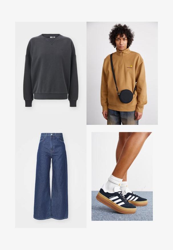 Dark grey sweatshirt, cotton material, crew neck, ribbed cuffs and hem, wide sleeves, small logo above the left chest area.; Wide-leg jeans made of dark blue denim. High-waisted design with a zip fly and button closure. Features classic five-pocket styling and hemmed edges.; Black suede sneakers with white stripes and accents, rounded toe, gum rubber outsole, paired with white ribbed crew socks.; Brown quarter-zip fleece sweatshirt with embroidered logo, featuring a black round crossbody bag with a zipper and logo detail, worn over denim.