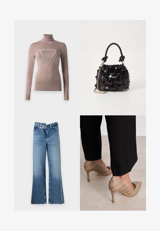 Mauve turtleneck sweater with long sleeves and ribbed cuffs; front features a large triangular "GUESS" logo embellished with rhinestones.; Light blue denim flared jeans with a high waist, featuring two buttons and front pockets. Fabric has a faded texture with subtle variations.; Beige high-heeled shoes with a textured fabric featuring a repeating pattern. Pointed toe design with a back accent and gold heel detail.; Black sequin mini handbag with a knotted textured strap and silver chain. Rounded shape with gathered top and reflective detailing.