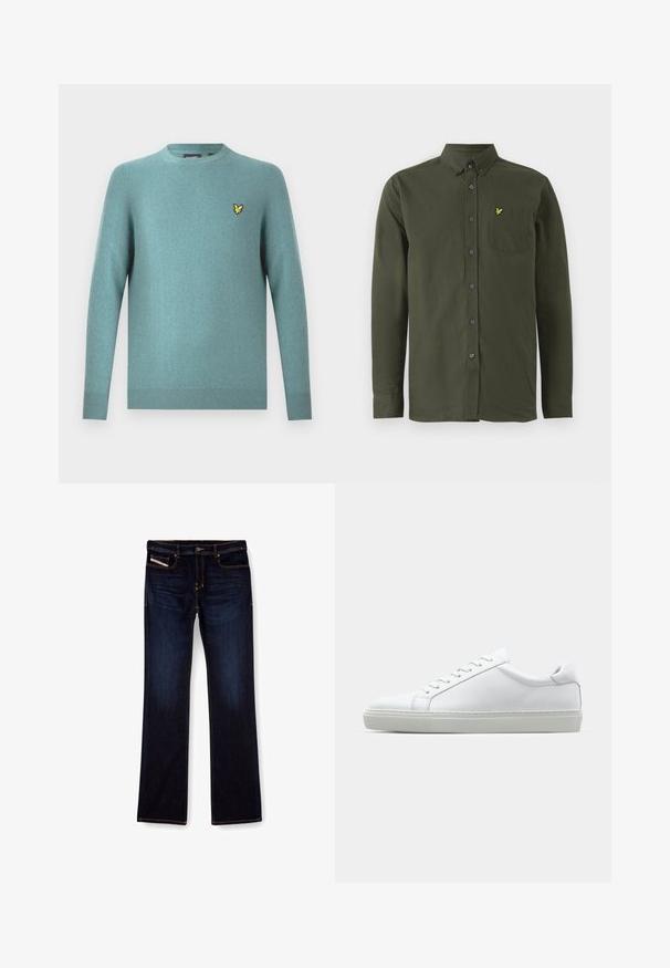 Světlý svetr s kulatým výstřihem v jemné tyrkysové látce, s dlouhými rukávy a žebrovaným lemem. Vyšívané žluté logo na hrudi jako ozdoba.; Tmavě zelená košile s dlouhým rukávem na knoflíky, s límečkem na knoflíky, náprsní kapsou a malým žlutým vyšitým ptáčkem na kapse.; Tmavě modré džíny z denimu se střihem rovného nohavice, s oranžovým prošíváním, zipem na přední straně a předními kapsami. Hladká textury a standardní pas.; Bílé tenisky s hladkým koženým svrškem a nízkým profilem. Mají zaoblenou špičku, šest nýtů a texturovanou gumovou podrážku.