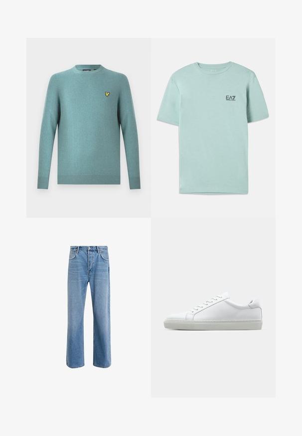 Meeskonna kaelusega kampsun pehmest türkiissinisest kangast, millel on pikad varrukad ja sooniline ääris. Rinna peal tikitud kollane logo.; Hele helesinine t-särk, mis on valmistatud puuvillast, lühikeste varrukatega ja ümmarguse kaelusega, rinnal väike must EA7 logo.; Heledad sinine teksapüksid otse lõikega, viie taskuga, nupuga sulgemine, minimaalne kulumine ja kontrastsed õmbluse detailid.; Valge tennisetoss, millel on sile nahk pealis ja madal profiil. Omab ümarat ninaosa, kuut silmust ja tekstuuriga kummist talda.