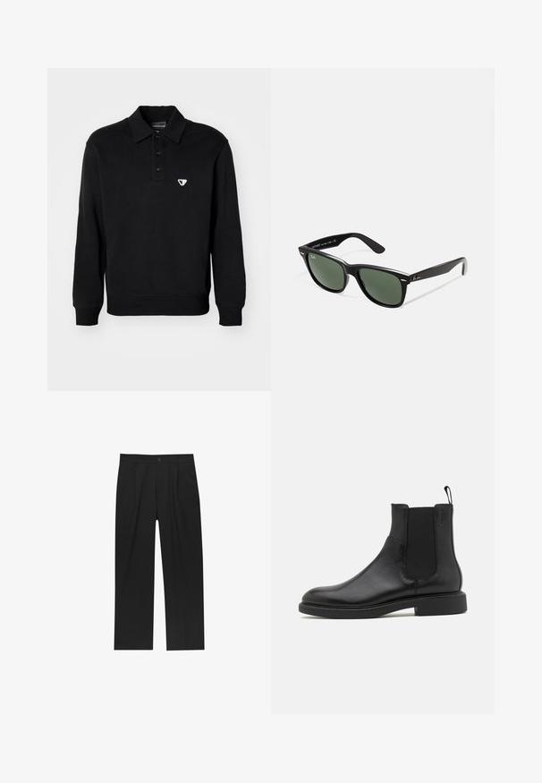 Emporio Armani FELPA - Sweatshirt - nero; Pantalons noirs au design droit, fabriqués à partir d'un tissu lisse. Dotés de plis sur le devant et d'une fermeture à un bouton à la taille.; Botte de cheville en cuir noir avec une texture lisse, des panneaux latéraux élastiques et une languette. Bout rond et semelle en caoutchouc plate avec un minimal de relief.; Lunettes de soleil en plastique noir avec verres verts, monture carrée, accent argenté sur le sourcil et branches texturées. Marque indiquée sur l'intérieur de la branche.