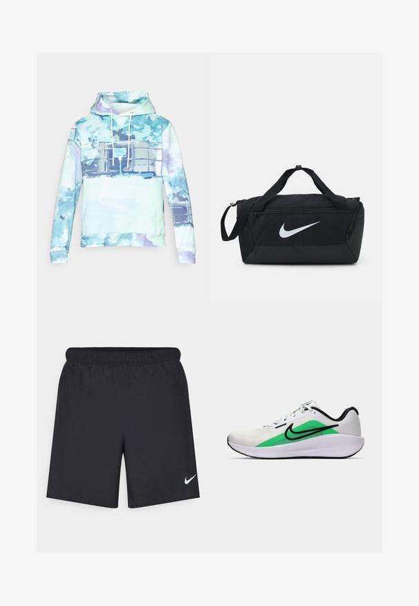 Hoodie i pastellfärger med ett akvarellmönster. Har en framficka och vita dragsko. Tillverkad av mjukt tyg.; Svarta träningsshorts gjorda av lätt material med elastisk midja. Har en liten vit Nike-logotyp på nedre vänstra sidan.; Vit sportskor med grön accent, svart logotyp, mesh-överdel, vadderad sula och rundad häl. Har snörning och kontrasterande detaljer.; Svart duffelväska med en stor vit Nike-logotyp, tillverkad av slitstarkt material, med dubbla handtag och en justerbar axelrem.