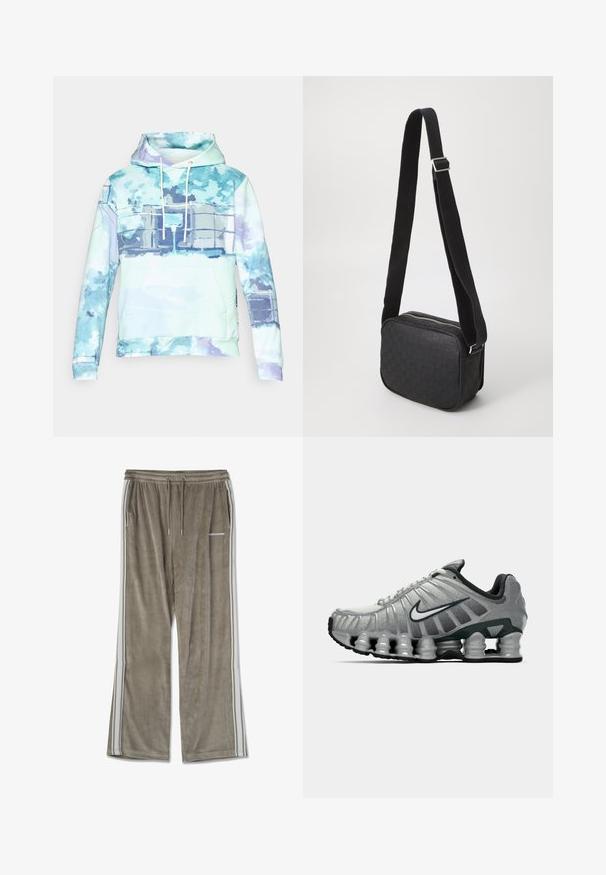 Kapučino megztinis pastelinių spalvų su akvarelės raštu. Turi priekinę kišenę ir baltas raišteles. Pagamintas iš minkštos medžiagos.; Šviesiai rudos spalvos šilkiniai džinsai, pasižymi laisvu siluetu, baltais šoninėmis juostomis ir elastiniu juosmeniu su reguliuojama juostele.; Pilkai juodas Nike bėgimo batas su matomu pavasario tipo amortizacija po padu ir baltu swoosh logotipu šone.; Juoda rankinė per petį su tekstūruotu odiniu raštu, stačiakampio formos, su užtrauktuko uždarymu ir kontrastingu audinio dirželiu.