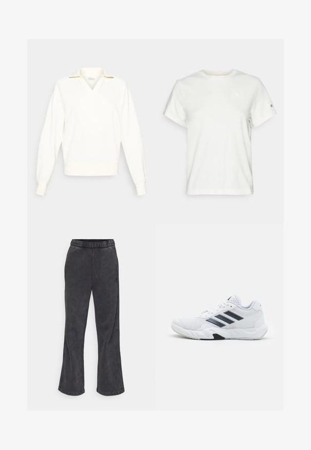 Sudadera blanca de cuello en V con un collar corto. Presenta mangas largas, ligeramente abullonadas, y puños acanalados en el dobladillo.; Camiseta de algodón blanca de manga corta con cuello redondo y un pequeño logo en la parte superior izquierda del pecho. Textura suave y ajuste estándar.; Pantalones sudadera acampanados en tela gris oscuro con una textura suave. Cuenta con una cintura elástica y un logo bordado en el lateral.; Zapatilla deportiva blanca con parte superior de malla, tres franjas negras a los lados, acentos texturizados y una suela de goma resistente con una sección negra en contraste.