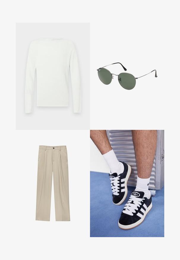Fehér, hosszú ujjú kerek nyakú pulóver, sima, egyszínű textúrával és testhezálló siluettel.; Beige egyenes szárú nadrág, egy fekete gombbal, övhurkokkal és oldalzsebekkel. Sima szövettextúra és minimális design.; Fekete velúr sportcipők fehér fűzőkkel és három fehér csíkkal. A nyelvén egy kör alakú fekete logó található, valamint egy gumis talp.; Fémkeretes napszemüveg ovális zöld lencsékkel. Vékony ezüst színű fémkeret és fekete fülrész. Minimalista dizájn, látható logók nélkül.